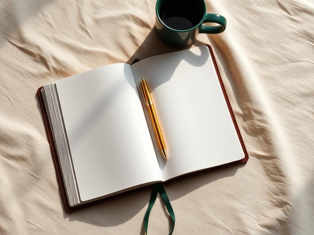 Caderno aberto com caneta dourada e xícara de chá